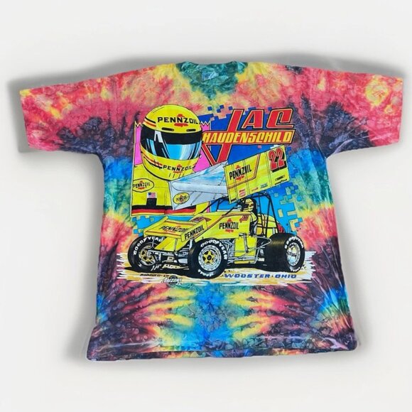 VTG 90s WORLD OF OUTLAWS SPRINT CAR RACING TIE-DYE T-Shirt L SINGLE STITCH USA - Picture 1 of 8